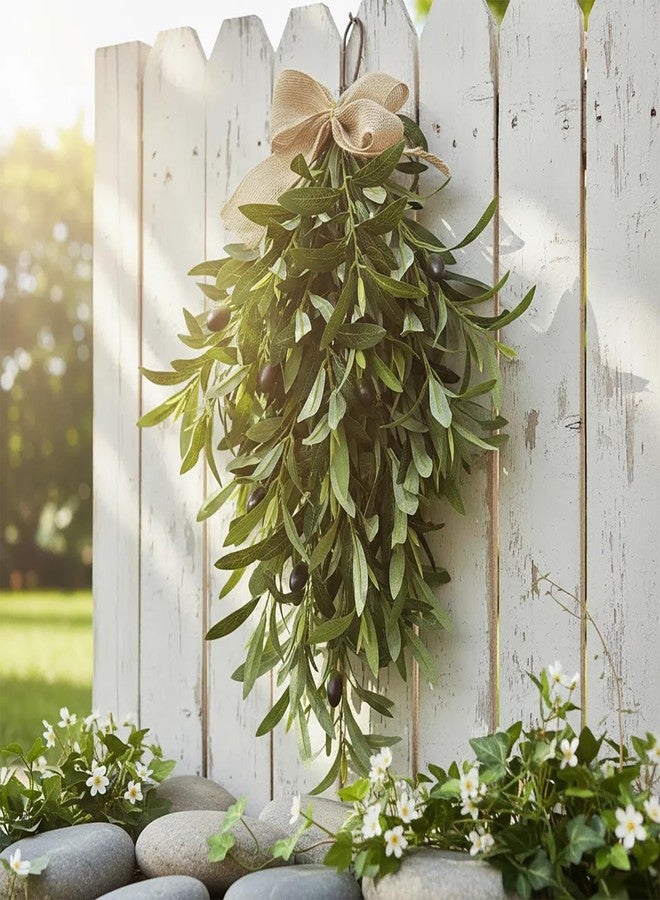 Rotroyce Artificial Olive Branch Wreath Teardrop Swag 24 Inch, Faux Greenery Hanging Pendant for Front Door, Wedding Arch, Window & Wall Decor, Year-Round Indoor/Outdoor Farmhouse Porch Decoration (Green) - Image 2
